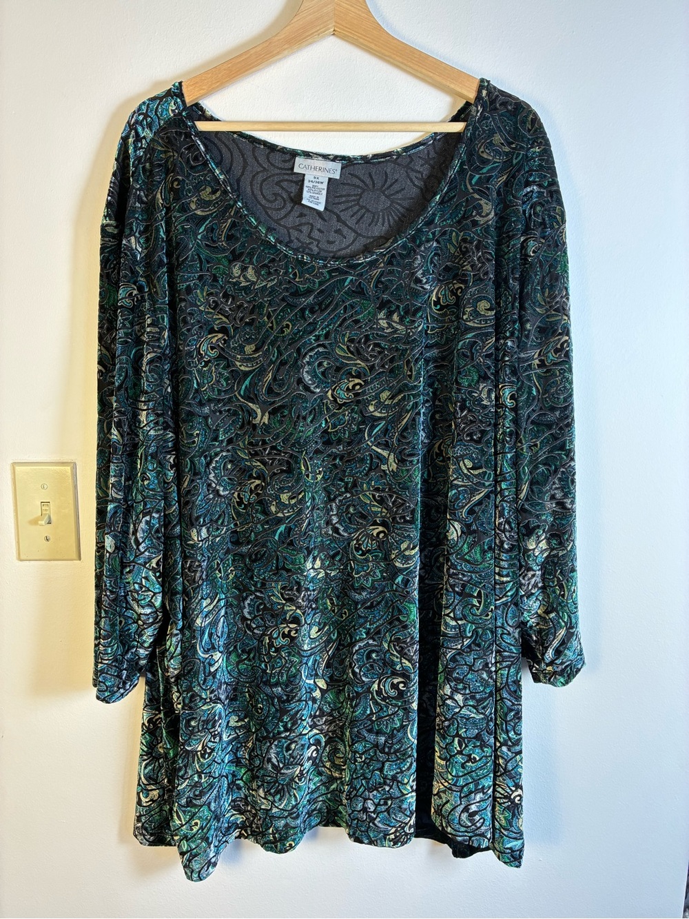 Catherine's Tunic Top 5X Green Floral Velvet Burnout Boho Whimsigoth